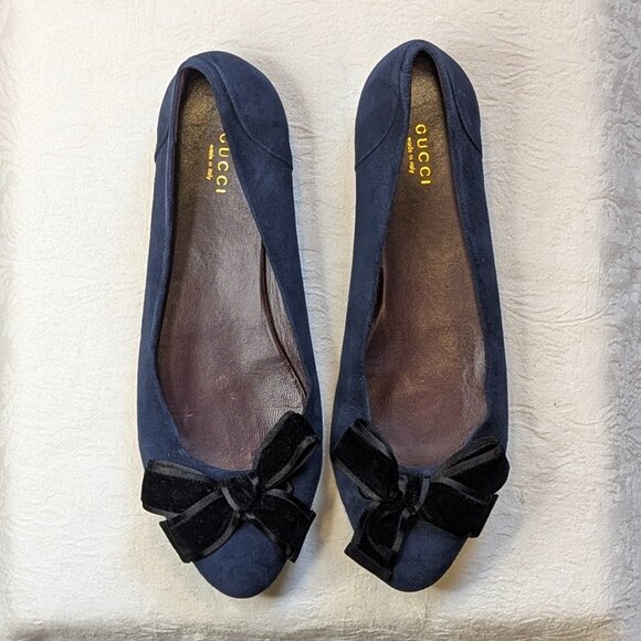 GUCCI Blue Suede Viola with Velvet Bow Ballet Flats EUC with box  dustbags S39 - Picture 1 of 8